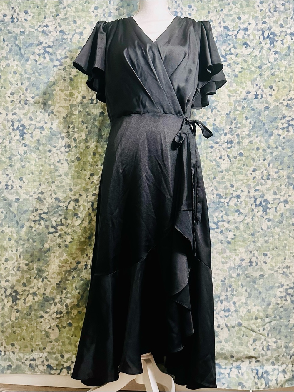 DKNY Black Satin Wrap Midi Dress Flutter Sleeve Formal Dress Size 10